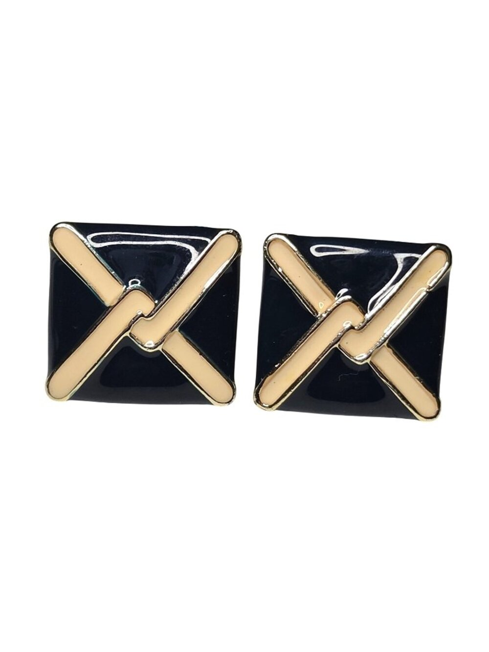Vintage 1" Square Dark Teal & Cream Enamel Gold Tone Clip On Art Deco Earrings